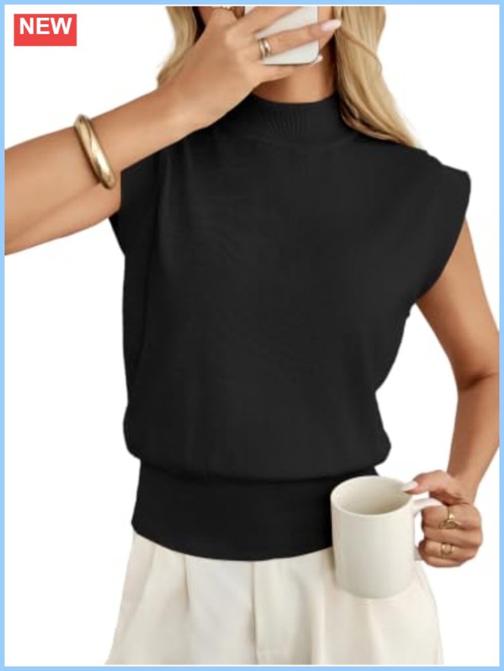 Mock Neck Sweater Vest Cap Sleeve Cinched Waist Knitwear